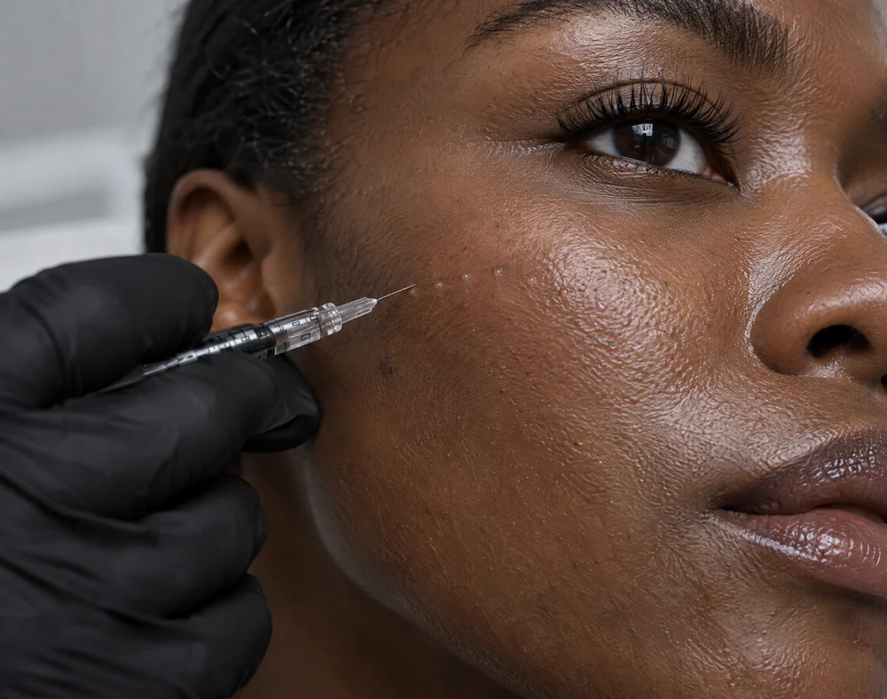 Illustrative photograph of a skin booster micro-injection on melanin-rich skin